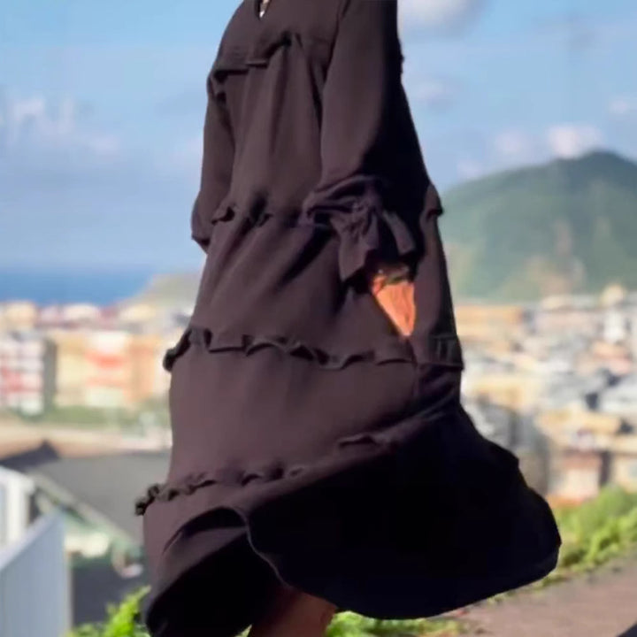 Damen nan kastiges Stufenmidikleid mit Rüschenkragen, gerafften Manschetten und verdeckten Seitentaschen Echo Archiv