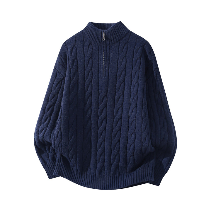 Damen Oversize Zopfmuster-Halbreißverschluss-Pullover mit Ballonärmeln und Stehkragen Echoarchiv