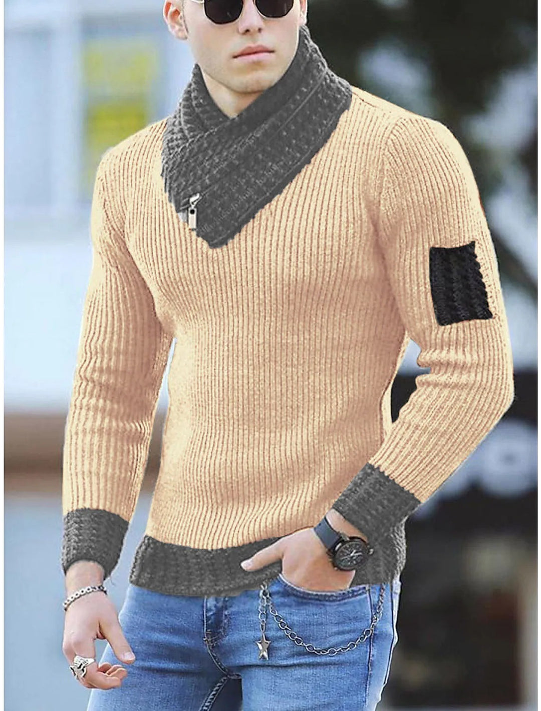 Herren Strickpullover mit hohem Kragen und strukturiertem Design Echoarchiv