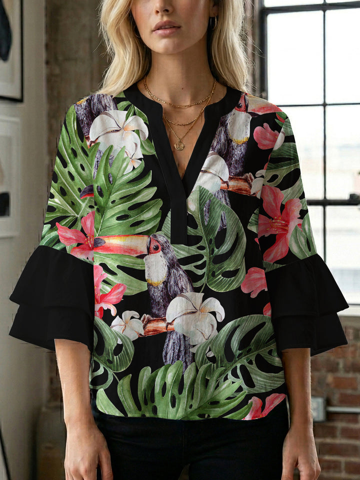 Damen Bluse mit voluminösen Rüschenärmeln und floralem Druck Echo Archiv