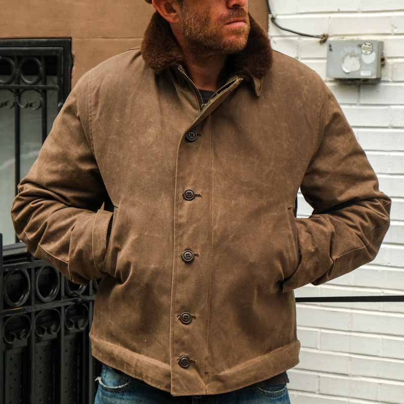 Herren Vintage-Wachsjacke mit Futter aus Kunstpelz Echoarchiv