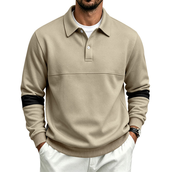 Herren Langarm-Poloshirt-Sweatshirt mit halber Knopfleiste, Kontrastärmeln und Rippbündchen – Cavello