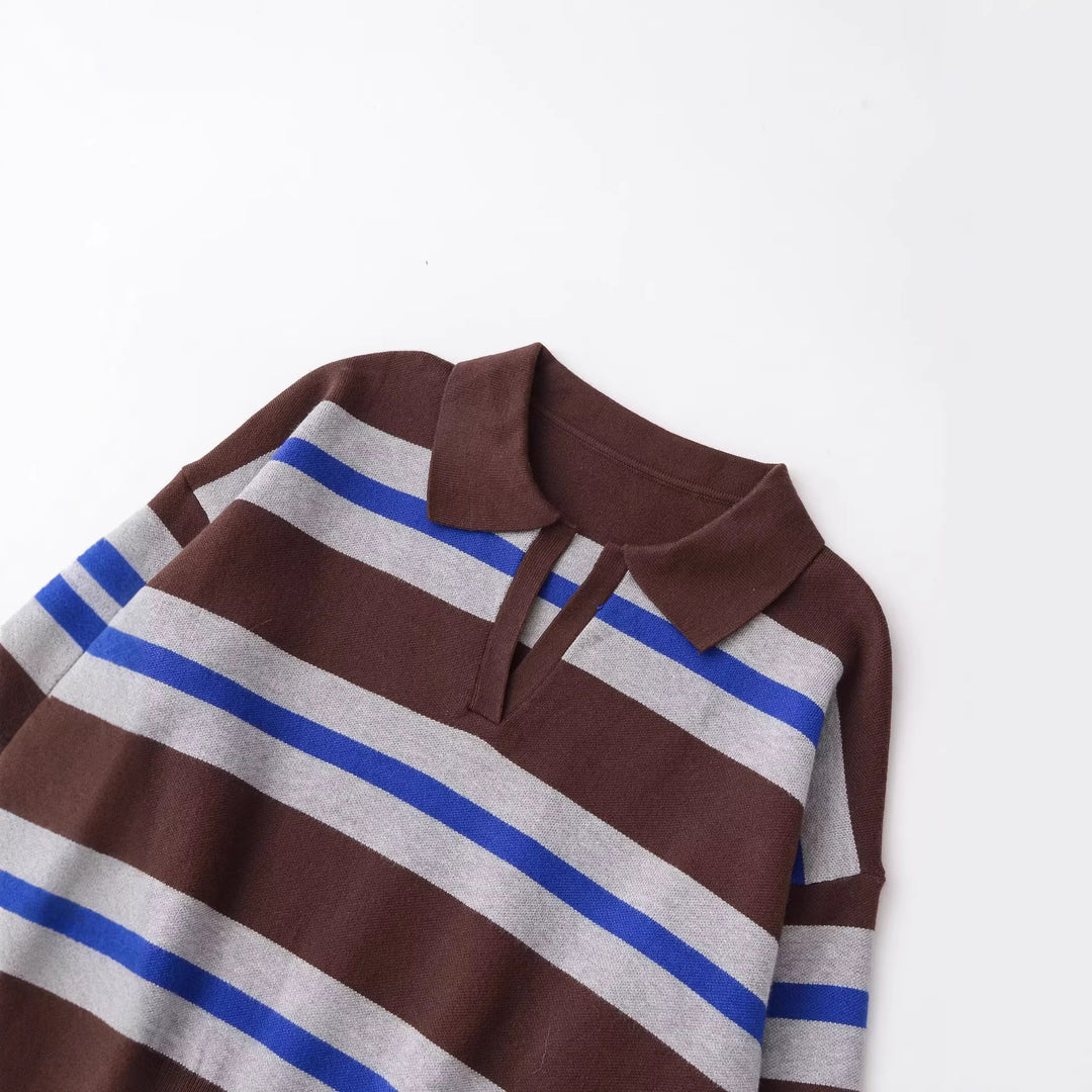 Damen Gestreifter Polokragen-Pullover im Cropped‑Oversize‑Schnitt aus Feinstrick Echoarchiv