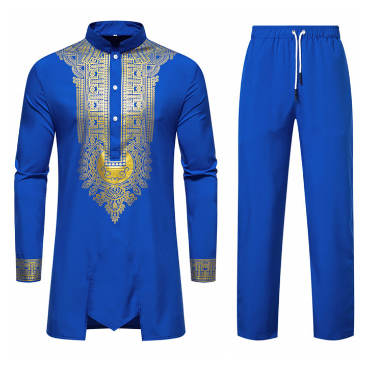Herren Traditionelles Tunika-Set mit Stehkragen und goldfarbenem Ornamentdruck, Longshirt & Tunnelzughose Echo Archiv