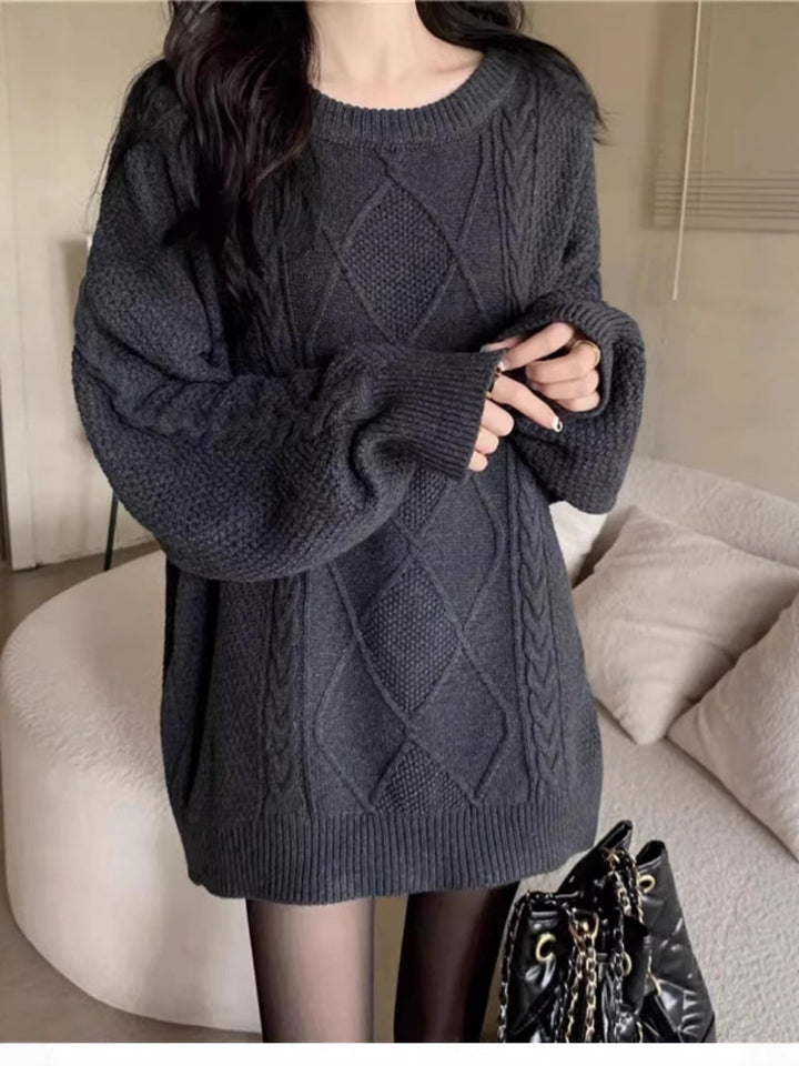 Damen Oversize Zopfmuster-Longpullover mit Rundhals und Ballonärmeln Echoarchiv