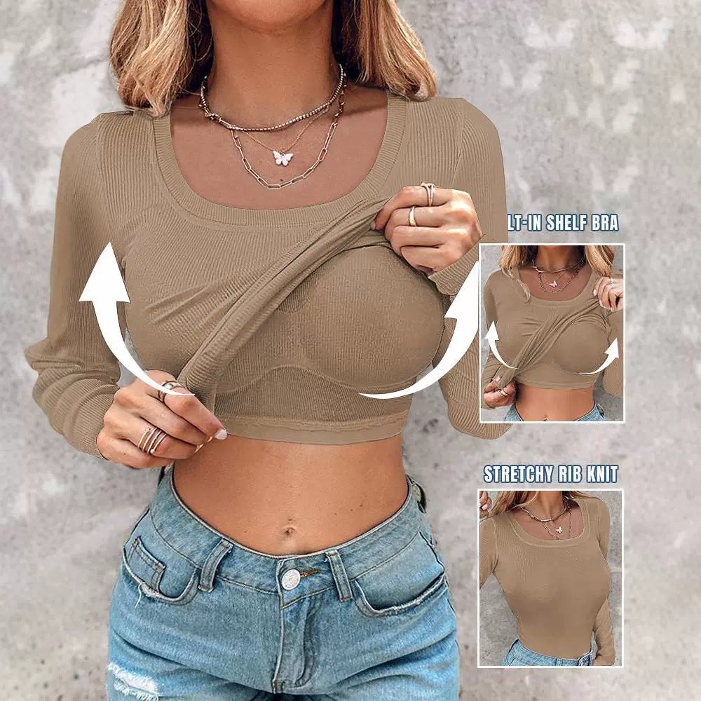Damen Cropped Rippenstrick Langarmshirt mit integriertem Bustier Echoarchiv
