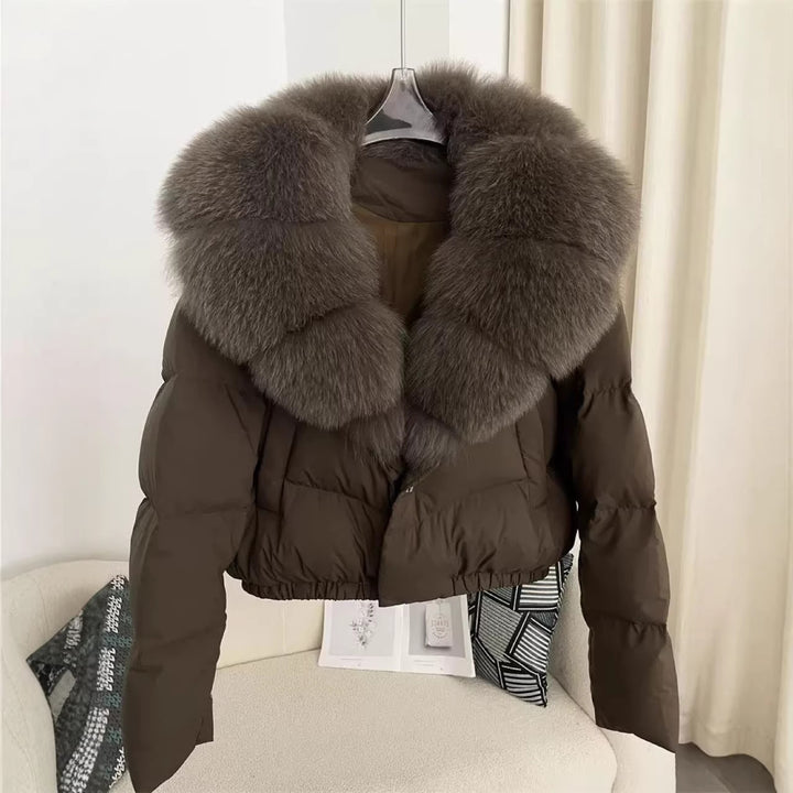 Damen nan kurz geschnittene Boxy-Pufferjacke mit extra großem Webpelzkragen und formstabilem Saum Echo Archiv