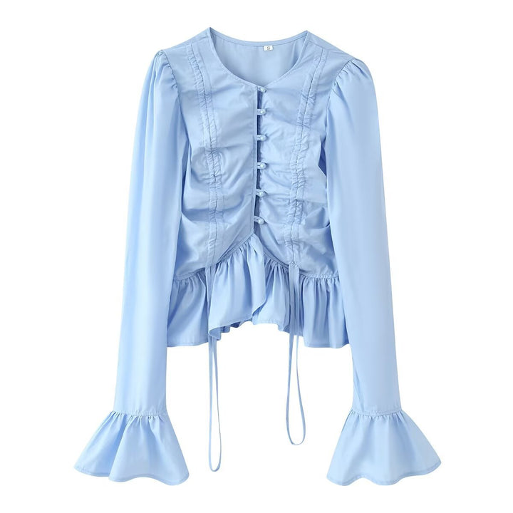 Damen Rüschenbluse mit Kordelzug‑Frontraffung, Volant‑Saum und Glockenärmeln Echo Archiv