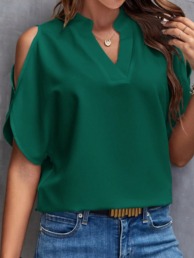 Damen Schulterfreie Chiffonbluse mit V-Ausschnitt und Stehkragen – Élovi