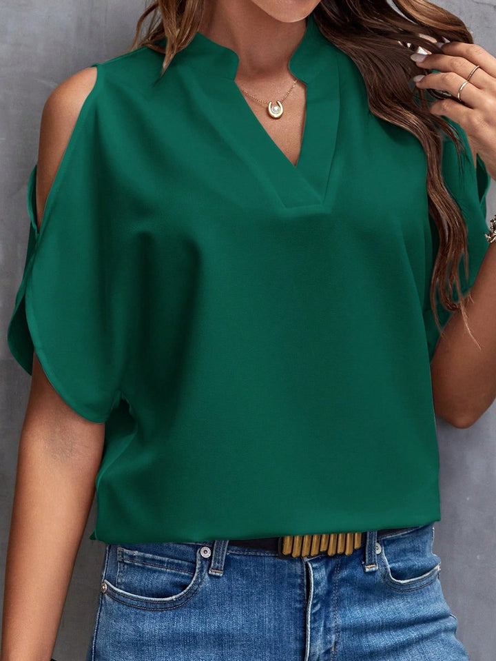 Damen Schulterfreie Chiffonbluse mit V-Ausschnitt und Stehkragen – Élovi
