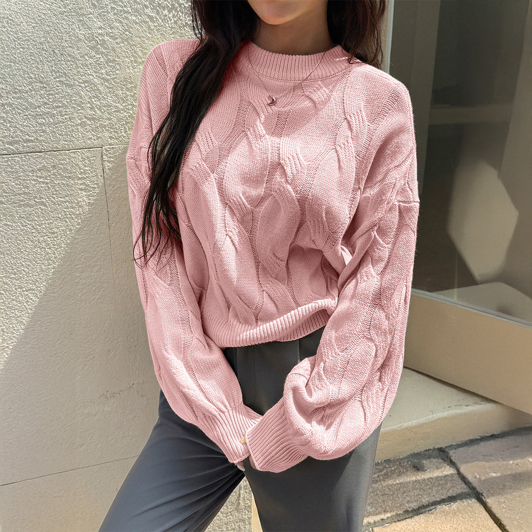 Damen cropped Zopfmuster-Pullover mit kastiger Silhouette, überschnittener Schulter und geripptem Saum – Mavelle