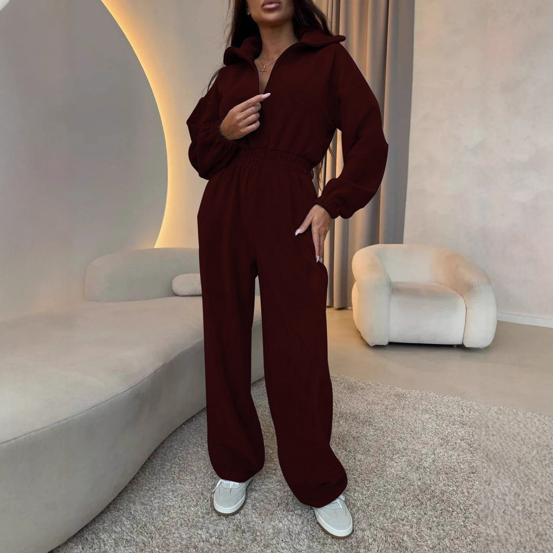 Damen eleganter Lounge-Overall mit elastischer Taillenpartie, Stehkragen, Reißverschluss und weitem Bein – Solévia