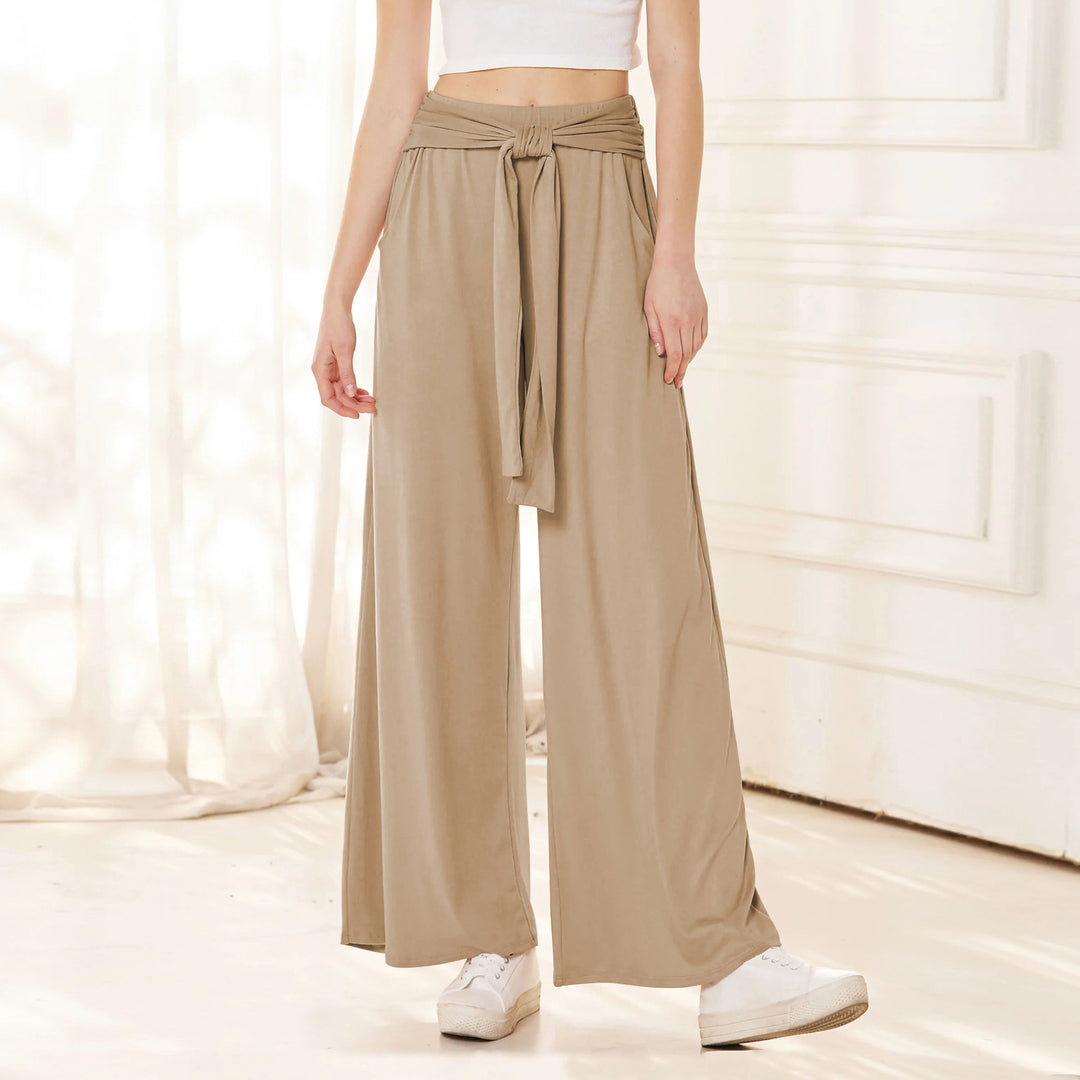 Damen Hochtaillierte Weite Palazzo-Hose mit Selbstbindendem Taillenbund und Seitentaschen – Avélisse