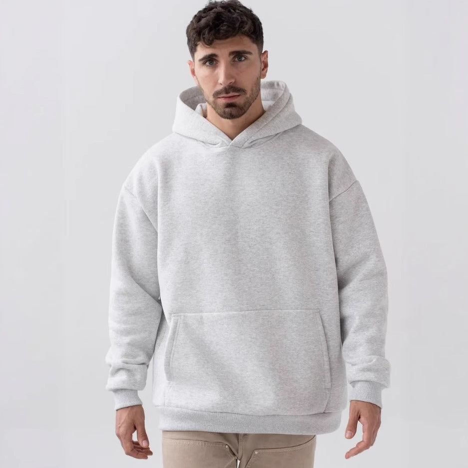 Herren schwerer Fleece-Boxy-Hoodie mit tiefem Schulterfall verstärkter Kapuze und Kängurutasche – Cavarno