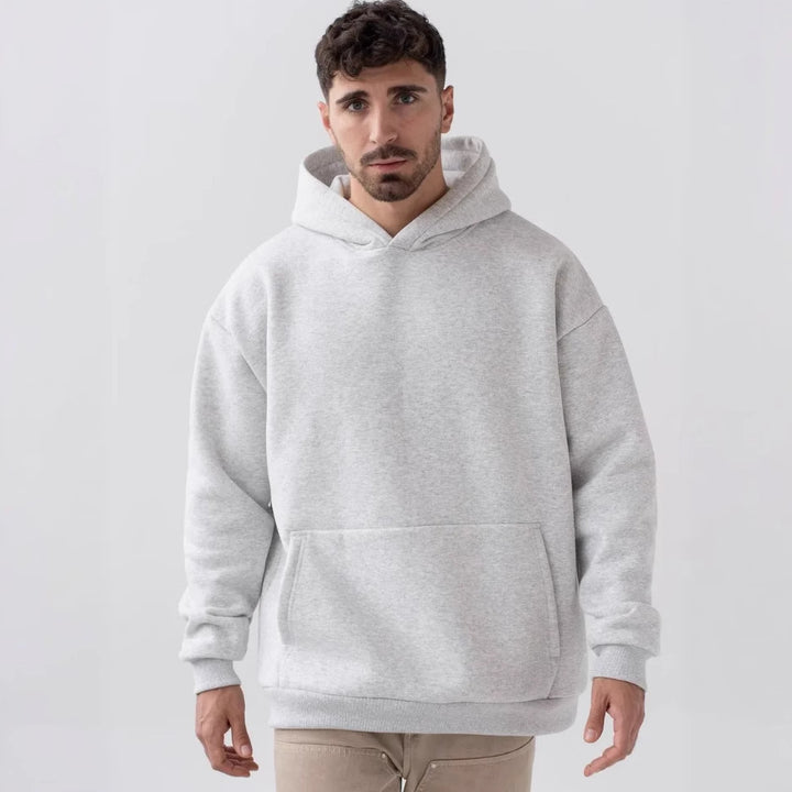 Herren schwerer Fleece-Boxy-Hoodie mit tiefem Schulterfall verstärkter Kapuze und Kängurutasche – Cavarno