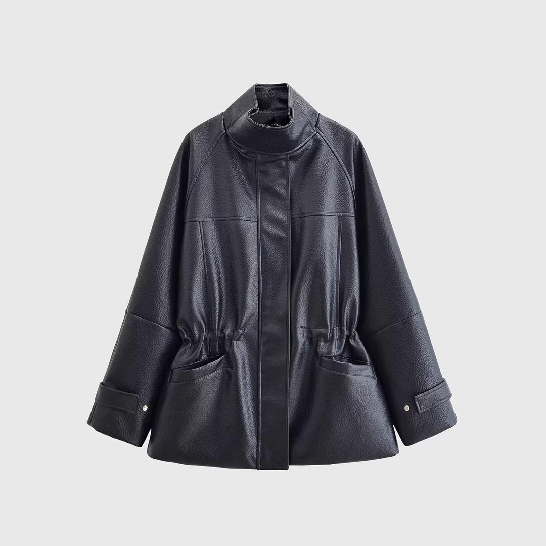 Damen Oversize-Kunstlederjacke mit Stehkragen, Taillen-Tunnelzug und aufgesetzten Taschen Echo Archiv