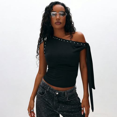 Damen Elegantes One-Shoulder Top mit dekorativen Steinen Echo Archiv
