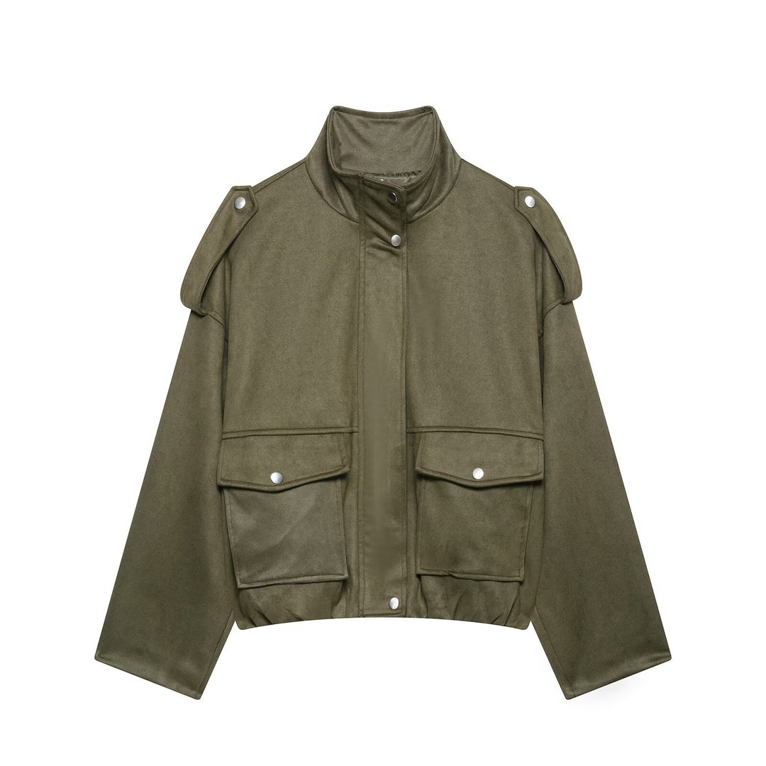 Damen Cropped Field-Jacke in Wildlederoptik mit Stehkragen, Schulterklappen und großen Pattentaschen Echo Archiv