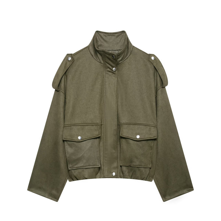 Damen Cropped Field-Jacke in Wildlederoptik mit Stehkragen, Schulterklappen und großen Pattentaschen Echo Archiv