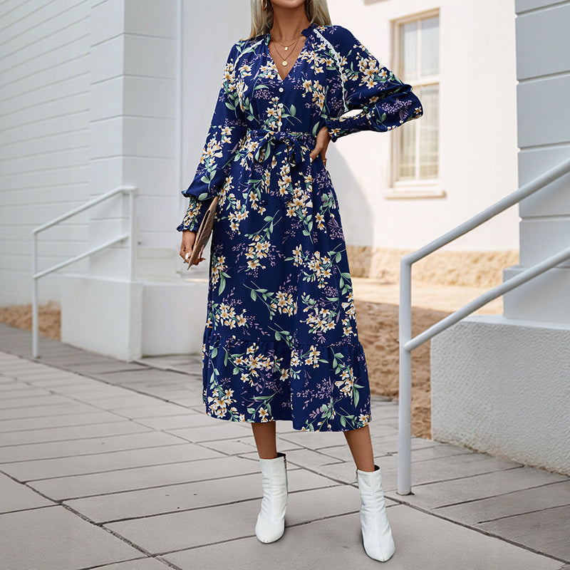 Damen Florales Langarmkleid mit Taillengürtel Echo Archiv