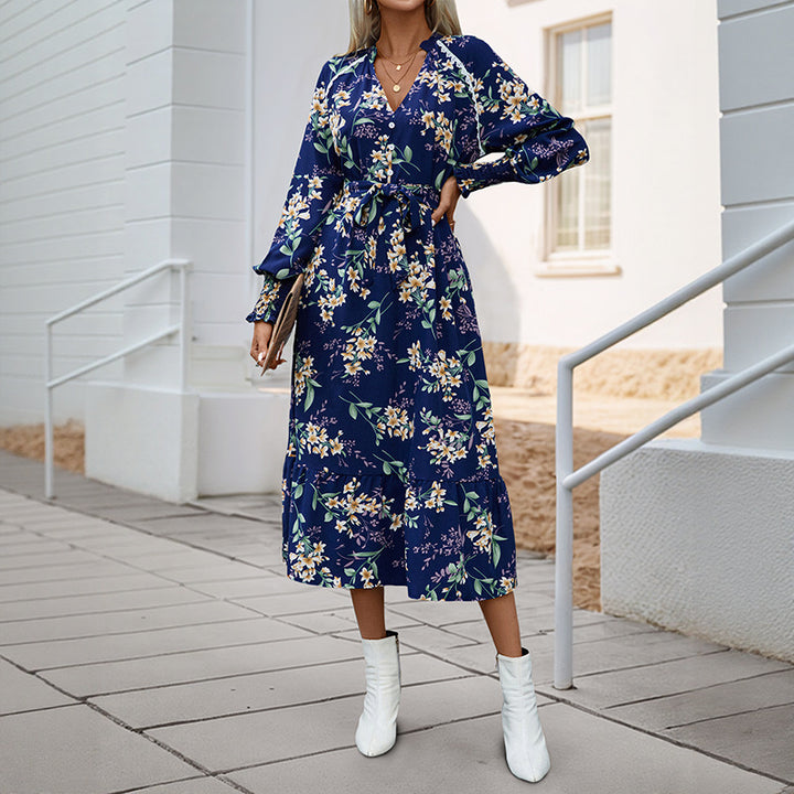 Damen Florales Langarmkleid mit Taillengürtel Echo Archiv