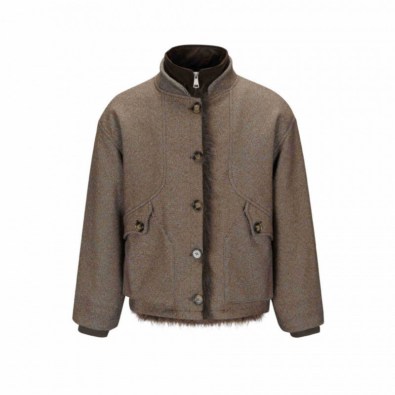 Damen Kurze Boxy-Jacke mit Teddyfutter, Stehkragen und Pattentaschen Echo Archiv