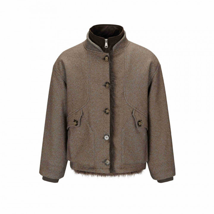 Damen Kurze Boxy-Jacke mit Teddyfutter, Stehkragen und Pattentaschen Echo Archiv