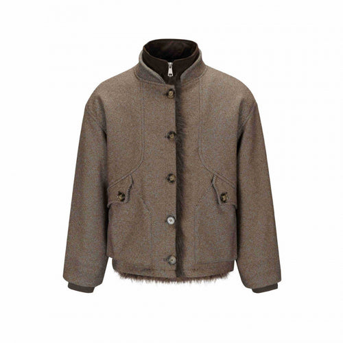Damen Kurze Boxy-Jacke mit Teddyfutter, Stehkragen und Pattentaschen Echo Archiv