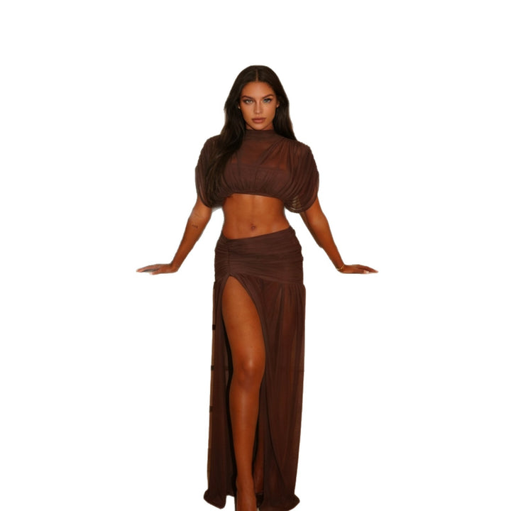 Damen Kurzärmliges Crop-Top mit gerafftem Design und elegantem Stehkragen Echo Archiv