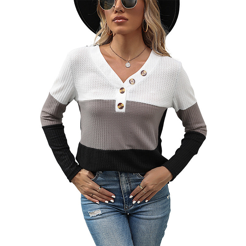 Damen Waffelstrick-Longsleeve mit V-Ausschnitt und Henley-Knopfleiste Echoarchiv