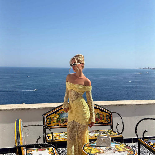 Damen Elegantes Spitzen-Maxikleid mit elegantem Off-Shoulder Design und Raffungen Echo Archiv