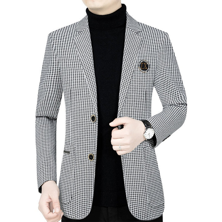 Herren Slim-Fit Sakko mit Hahnentritt-Muster und Wappen-Emblem – Tianoro