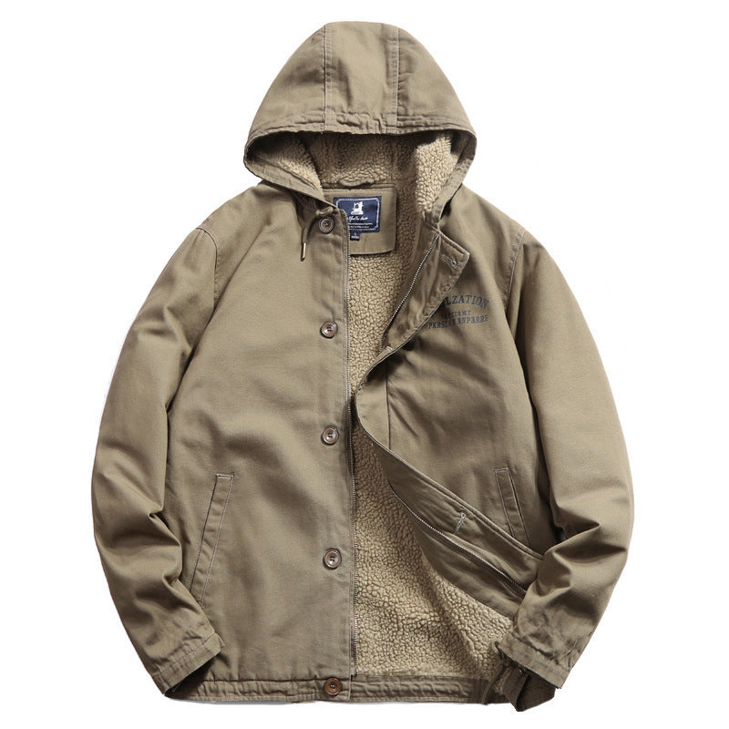 Herren Baumwoll-Canvas Kapuzenblouson mit durchgehendem Teddyfutter, verdeckter Knopf- und Reißverschlussleiste und Innentasche – Taviero