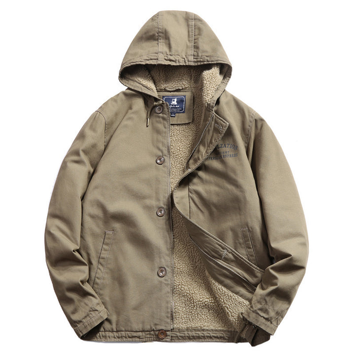 Herren Kapuzen-Canvasjacke mit Sherpa-Futter und Utility-Details Echoarchiv