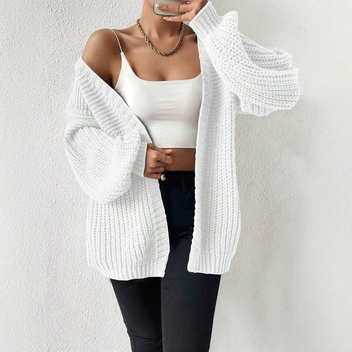 Damen Oversize-Strickcardigan mit grobem Waffelstrick, offener Front und voluminösen Ballonärmeln – Veloura