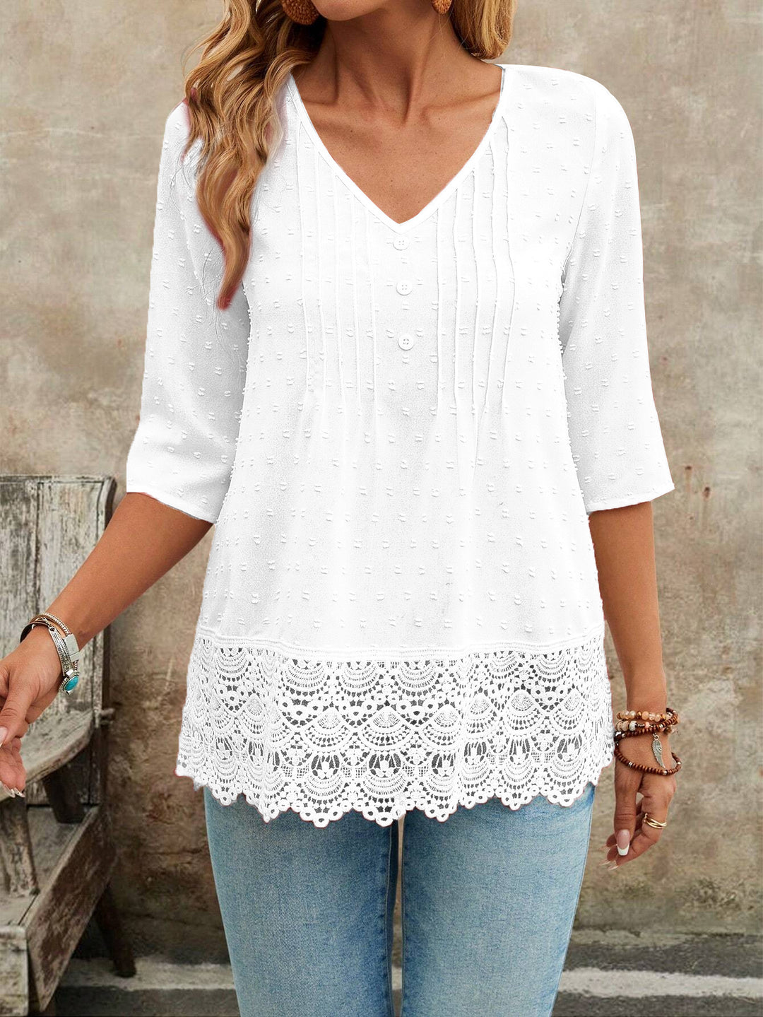 Damen Tunika Bluse mit Spitzenbesatz und strukturierten Pintucks Echo Archiv