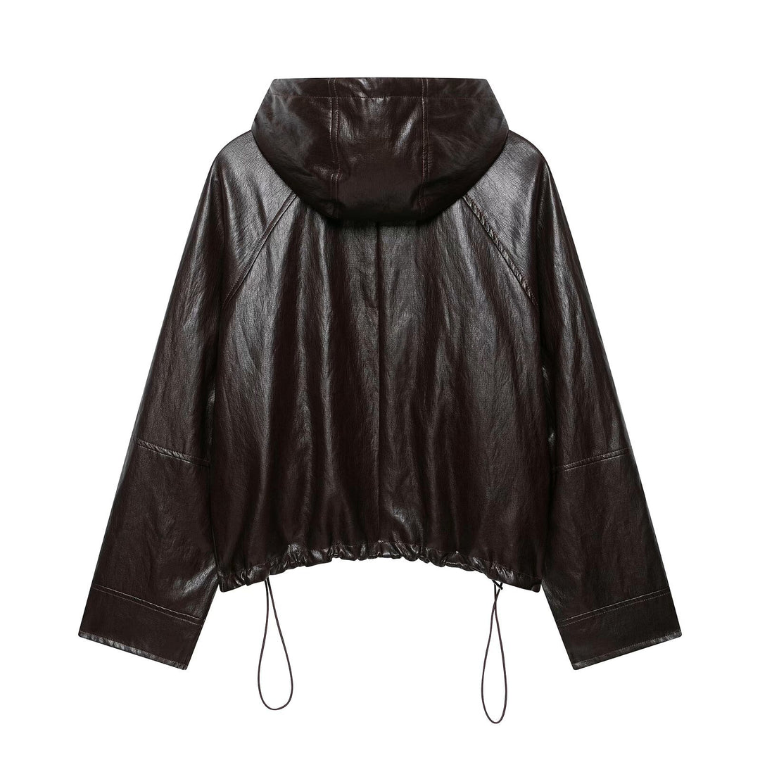 Damen kurze Kapuzen‑Lederoptikjacke mit Tunnelzug Raglanärmeln und Reißverschluss Echo Archiv