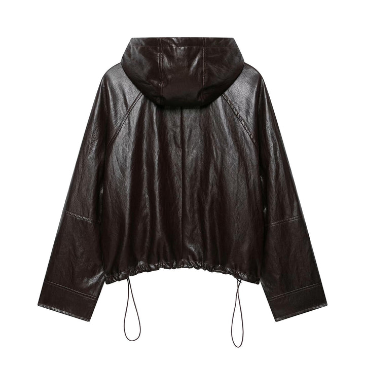 Damen kurze Kapuzen‑Lederoptikjacke mit Tunnelzug Raglanärmeln und Reißverschluss Echo Archiv
