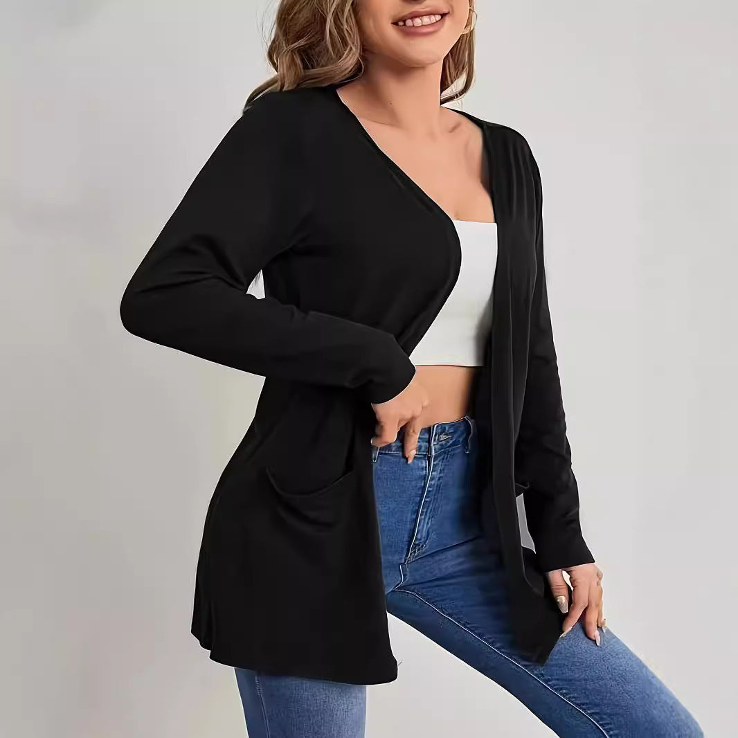 Damen Langer Offener Feinstrickcardigan mit Eingrifftaschen und dezentem V‑Ausschnitt – Veloura