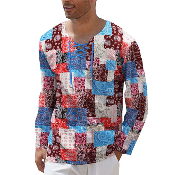 Herren Langarmshirt mit einzigartigem Schnürdetail und kreativem Patchwork-Muster Echoarchiv