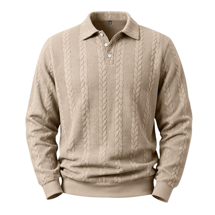Herren Kabelstrick-Polo-Pullover aus Baumwollmischung mit Rippbündchen Echoarchiv