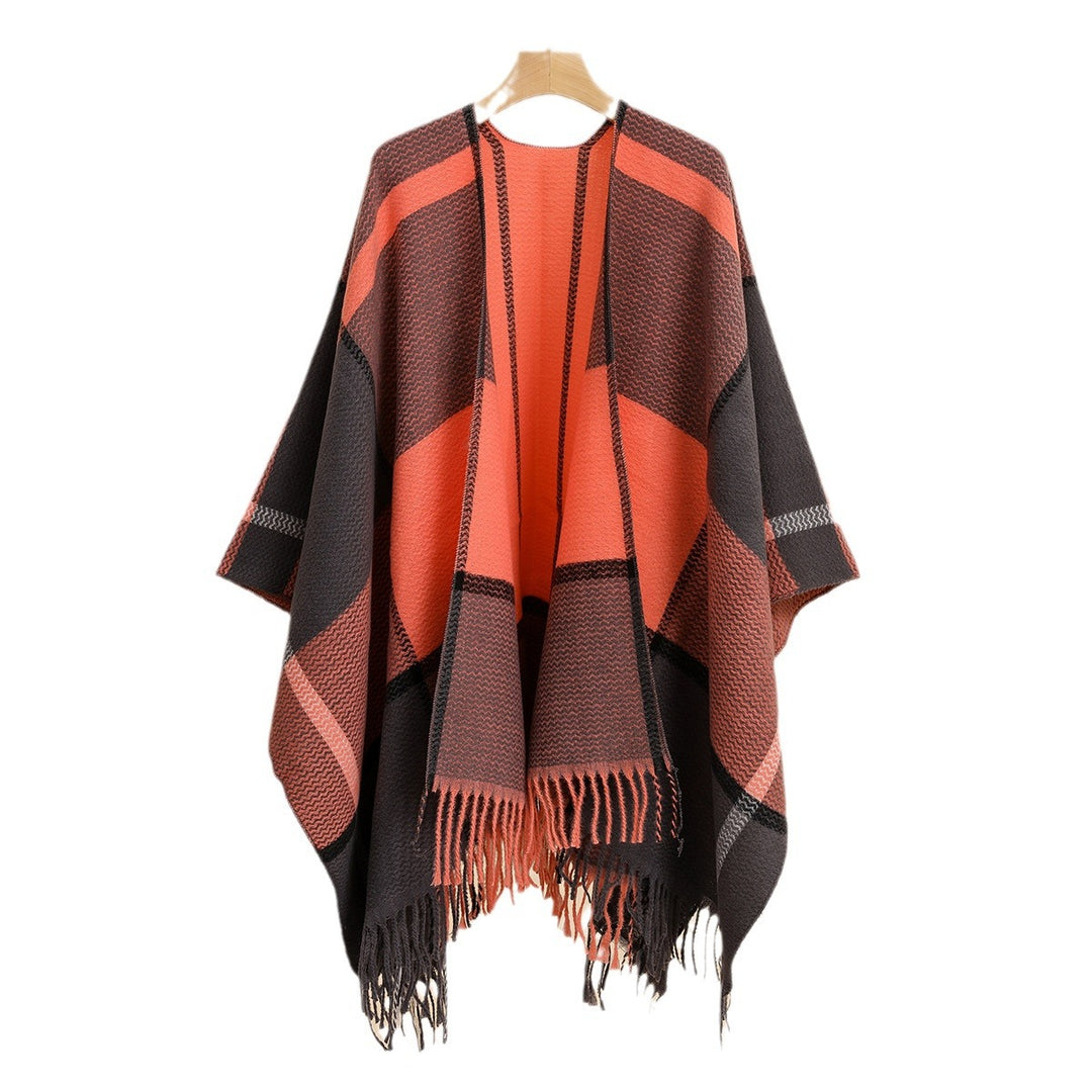 Damen Oversize-Capeponcho aus strukturierter Strickmischung mit V‑Ausschnitt, Karomuster und Fransen Echo Archiv