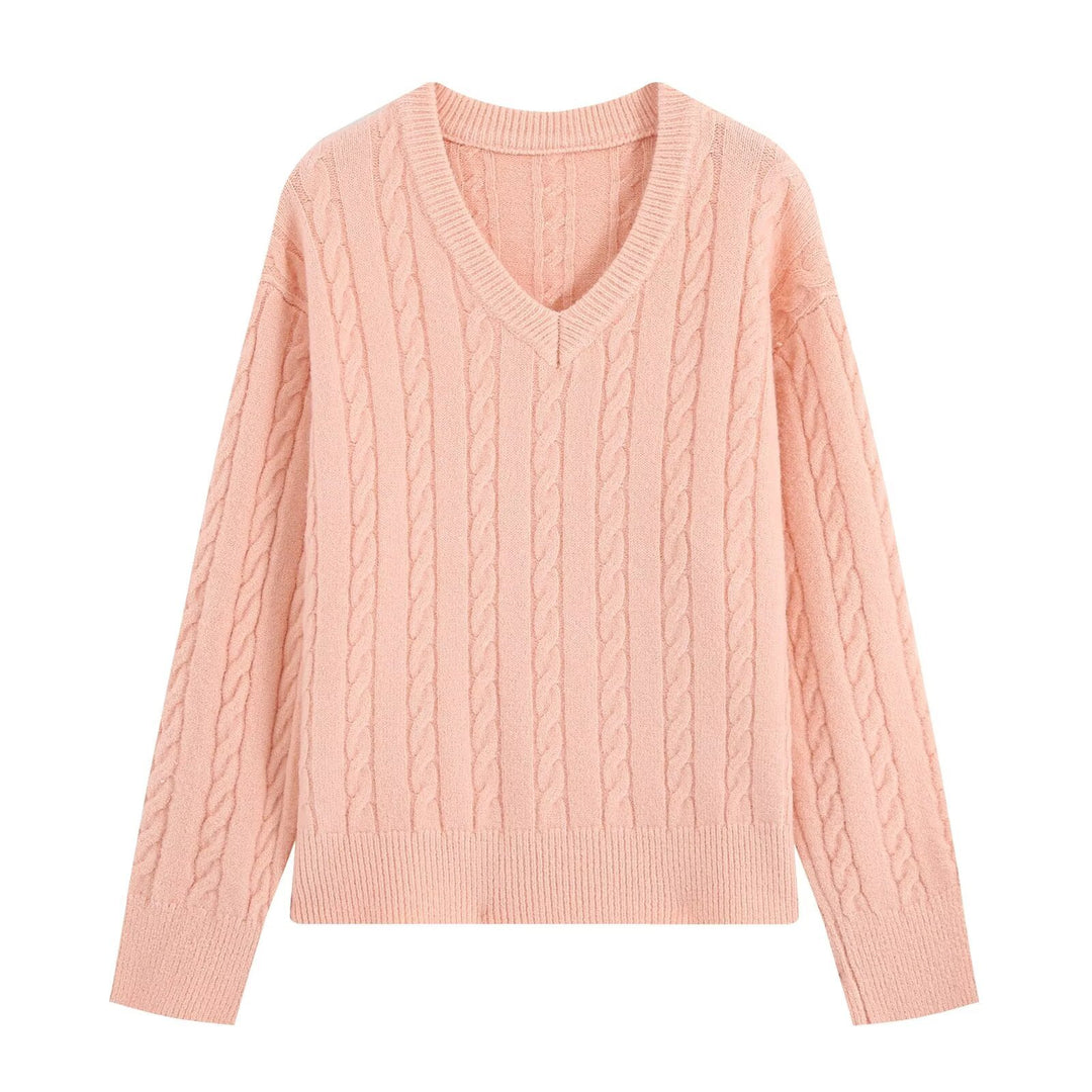 Damen Oversize Zopfmuster-Pullover mit V-Ausschnitt und breitem Rippbündchen Echoarchiv