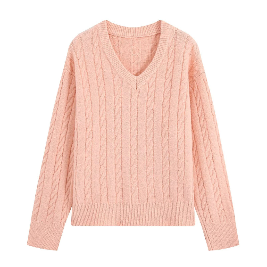 Damen Oversize Zopfmuster-Pullover mit V-Ausschnitt und breitem Rippbündchen Echoarchiv