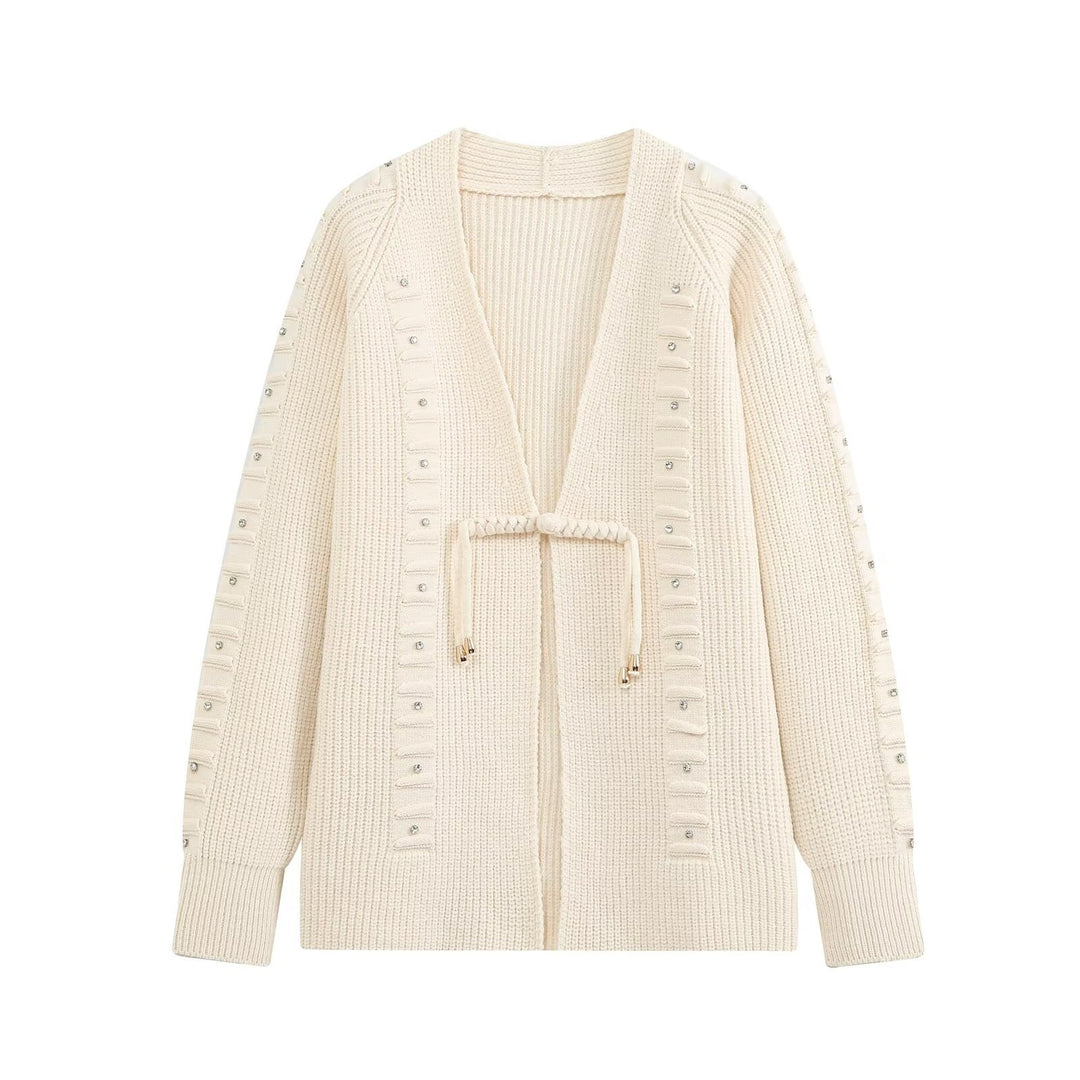 Damen Grobgestrickter Longcardigan mit Ziersteinen und Kordelbindung Echo Archiv