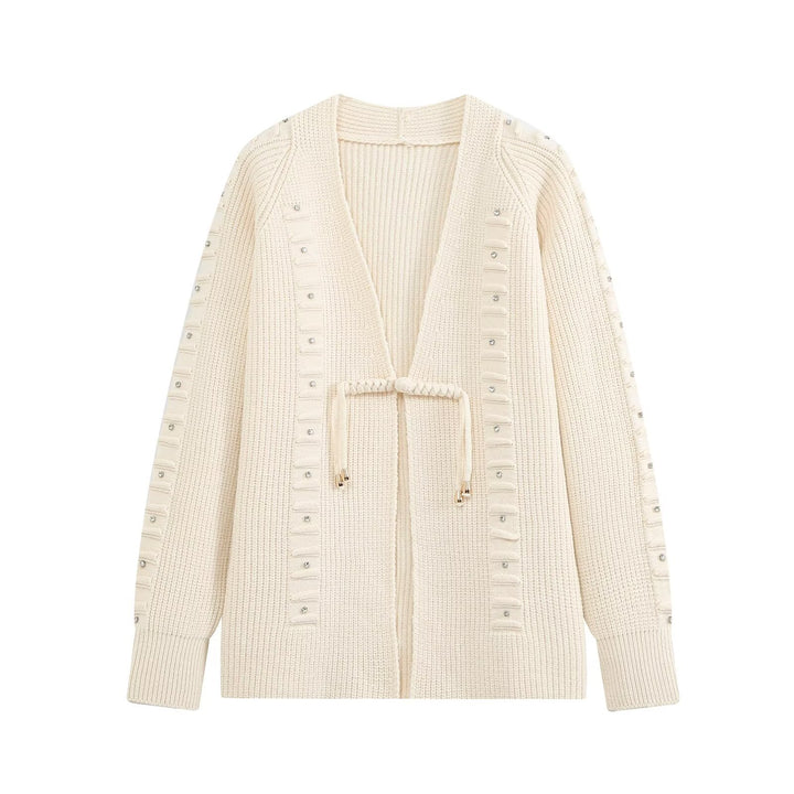 Damen Grobgestrickter Longcardigan mit Ziersteinen und Kordelbindung Echo Archiv