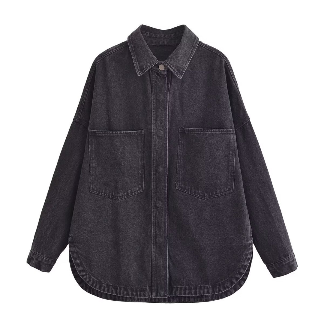 Damen Oversize Jeanshemd‑Jacke mit aufgesetzten Taschen und abgerundetem Saum Echo Archiv