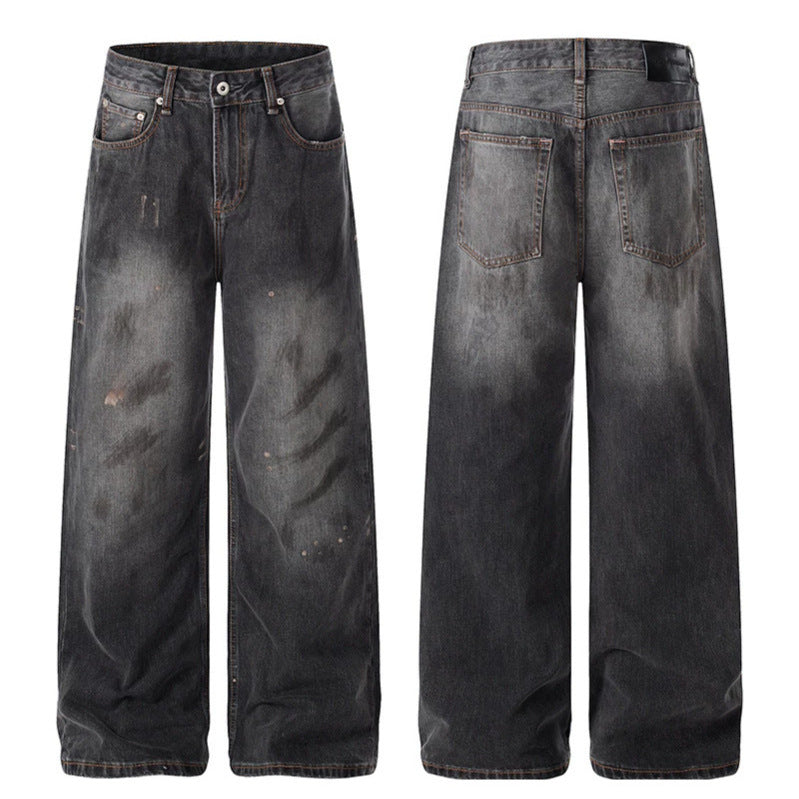 Damen Hochgeschnittene Weite Distressed-Denim Culotte-Jeans mit Paint-Splatter und Used-Effekt Echoarchiv