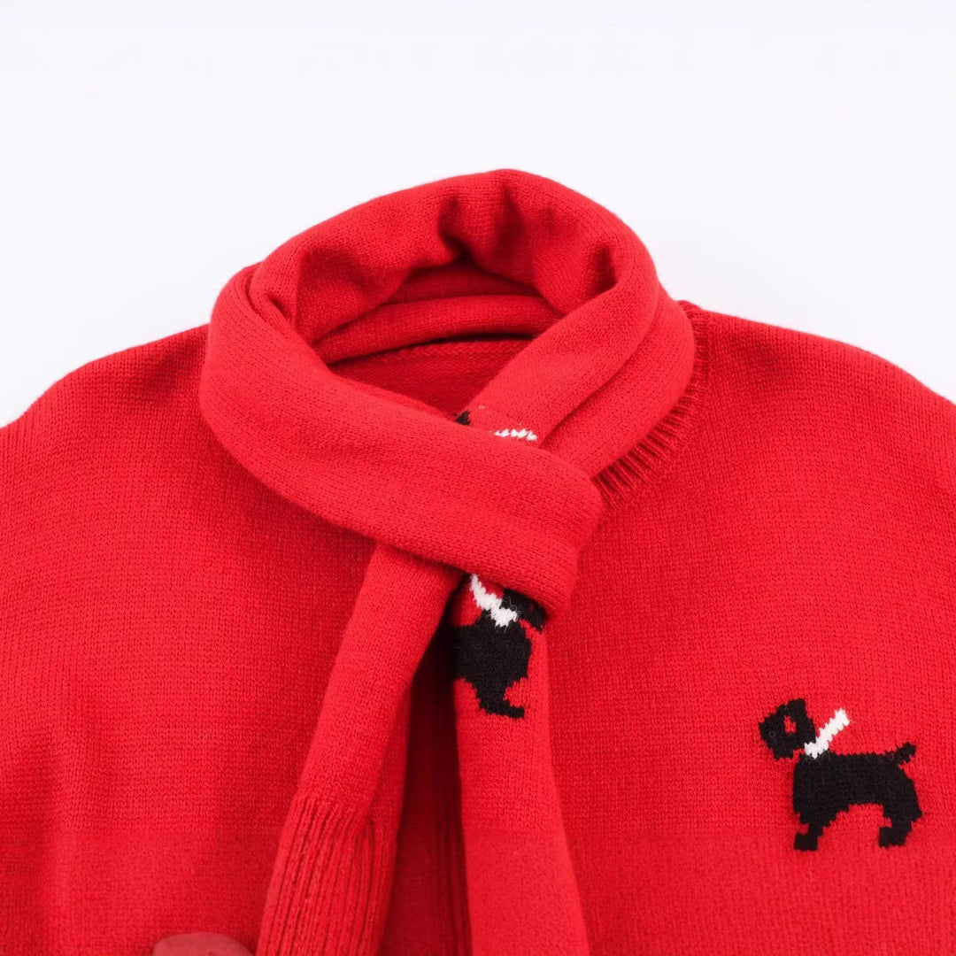 Damen Gestrickte Kurzjacke mit integriertem Schal und Hundeintarsie Echoarchiv
