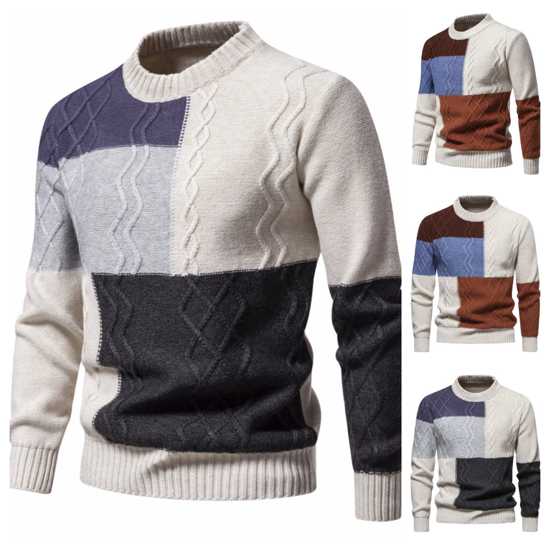 Herren Strickpullover mit modernem Zopfmuster und buntem Blockdesign Echoarchiv